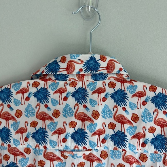 NWT Nickel & Iron White Flamingo All Over Print Short Sleeve Button Up Medium - Picture 6 of 11